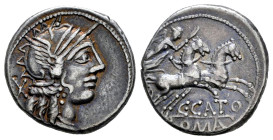 Porcius. C. Porcius Cato. Denarius. 123 BC. Auxiliary mint of Rome. (Ffc-1050). (Craw-274/1). (Cal-1196). Anv.: Head of Roma right, X behind. Rev.: Vi...