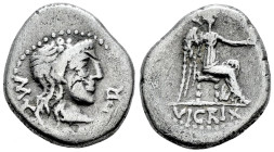 Porcius. M. Porcius Cato. Quinarius. 46-47 a.C. Africa. (Craw-462/2). (Rsc-Porcia 11). Anv.: Head of Liber right, wearing ivy wreath; M•C(ATO•PRO•)PR ...
