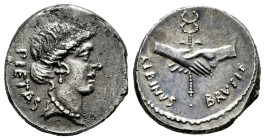 Postumius. D. Postumius Albinus Bruti f. Denarius. 48 BC. Rome. (Ffc-1075). (Craw-450/2). (Cal-1219). Anv.: PIETAS behind head of Piety right. Rev.: A...