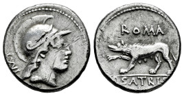 Satrienus. P. Satrienus. Fourée Denarius. 77 BC. Rome. (Ffc-1097). (Craw-388/1b). (Cal-1243). Anv.: Head of young Mars right, number (LXVII) behind. R...