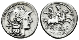 Scribonius. C. Scribonius Curio. Denarius. 154 BC. Rome. (Ffc-1100). (Craw-201/1). (Cal-1246). Anv.: Head of Roma right, X behind. Rev.: The Dioscuri ...
