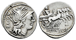 Sentius. Lucius Sentius C. f. Denarius. 101 BC. Norte de Italia. (Ffc-1108). (Craw-325/1b). (Cal-1257). Anv.: Head of Roma right, ARG. PVB., (AR inter...