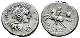 Sergius. M. Sergius Silus. Denarius. 116-115 BC. Norte de Italia. (Ffc-1111). (Craw-286/1). (Cal-1271). Anv.: Head of Roma right, EX. S.C. before, ROM...