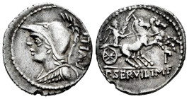Servilius. P. Servilius M.f. Rullus. Denarius. 100 BC. Norte de Italia. (Ffc-1118). (Craw-328/1). (Cal-1277). Anv.: Bust of Minerva Ieft, wearing cres...