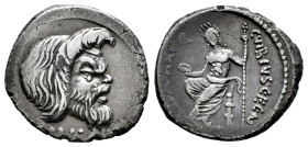 Vibius. C. Vibius C.f.C.n. Pansa. Denarius. 48 BC. Rome. (Ffc-1219). (Craw-449/1a). (Cal-1371). Anv.: (PANSA) below mask of Pan right. Rev.: C.VIBIVS....