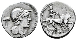 Volteius. M. Volteius M.f. Denarius. 78 BC. Rome. (Ffc-1232). (Craw-385/4). (Cal-1394). Anv.: Bust of Attis or young Corybas draped right, wearing lau...