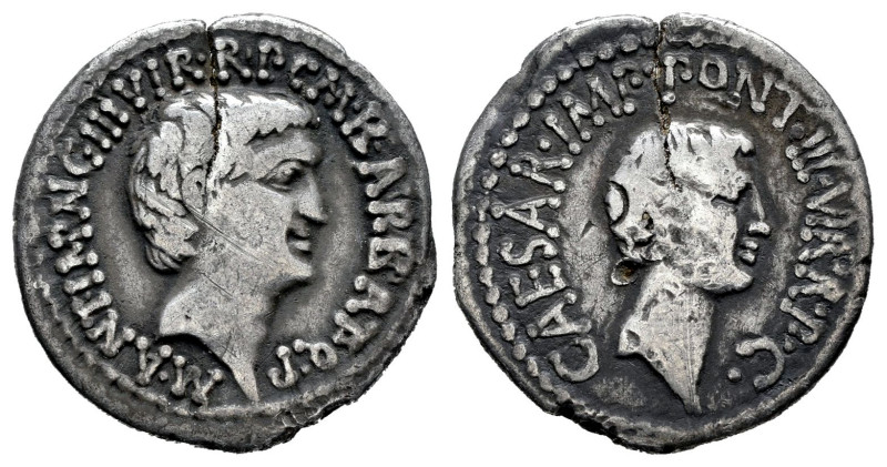 Marco Antonio y Augusto. M. Barbatius Philippus. Denarius. 39 BC. Mint moving. (...