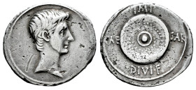 Augustus. Denarius. 31 BC. Mint moving with Octavian. (Ffc-101). (Ric-543a). (Cal-682). Anv.: Bare head of Augustus right. Rev.: IMP., above round shi...