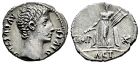 Augustus. Denarius. 15-13 BC. Lugdunum. (Ffc-113). (Ric-171a). (S-144). Anv.: AVGVSTVS DIVI. F bare head of Augustus right. Rev.: IMP. - X., Apollo st...