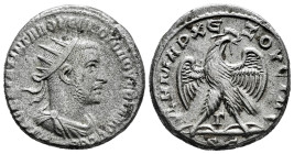 Philip I. Tetradrachm. 244-249 AD. Antioch. (McAlee-887). (Prieur-319). Rev.: ΔΗΜΑΡΧ ЄΞΟΥCΙΑC / S C Eagle with spread wings standing right on palm fro...