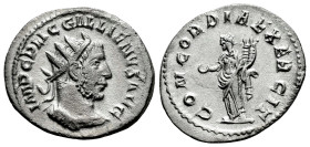 Gallienus. Antoninianus. 254 AD. Rome. (Ric-181). Anv.: IMP C P LIC GALLIENVS AVG, radiate and cuirassed bust right. Rev.: CONCORDIA EXERCIT, Concordi...