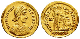 Honorius. Solidus. 394-395 AD. Mediolanum. (Ric-IX 35c = X 1206a). (Depeyrot-16/2). Anv.: D N HONORIVS P F AVG, pearl-diademed, draped and cuirassed b...