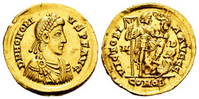 Honorius. Solidus. 394-395 AD. Mediolanum. (Ric-X 1206a). (Depeyrot-16/2). Anv.: D N HONORIVS P F AVG, pearl-diademed, draped and cuirassed bust to ri...