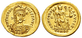 Theodosius II. Solidus. 408-420 AD. Constantinople. (Ric-X 202). (Depeyrot-73/2). Anv.: D N THEODOSIVS P F AVG, pearl-diademed, helmeted, draped and c...