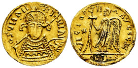 Imitation coinage. In the name of Justinianus I. Solidus. Anv.: Frontal bust with shield and spear, around an imitation legend of Justinian, but levig...