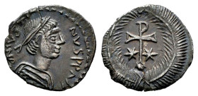 Justin II. 1/2 silicua. 567-572 AD. Ravenna. (MIBE-41). (Doc-413). (Sear-412). Anv.: D N IVSTINVS P P AV, diademed and draped bust to right. Rev.: Sta...