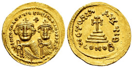 Heraclius, with Heraclius Constantine. Solidus. 629-631 AD. Constantinople. (Doc-26i). (MIB-29). (Sear-749). Anv.: ∂∂ NN ҺЄRACLIЧS ЄƮ ҺЄRA CONST P P A...