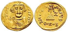 Constans II. Solidus. Year IY 7 = 648/9 AD. Constantinople. (Doc-13 var.). (MIB-16a). (Sear-949). Anv.: ∂ N CONSƮANƮINЧS P P AV, bust facing, wearing ...