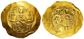 Isaac II Angelus. Hyperpyron. 1185-1195 AD. Constantinople. (Doc-1d). (Sear-2001). Anv.: The Virgin Mary seated facing on throne, holding nimbate bust...