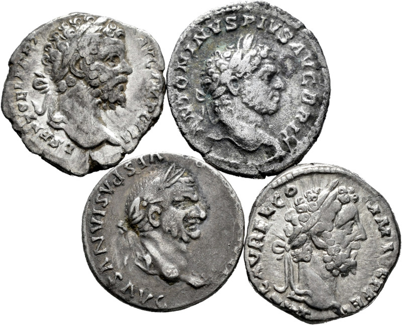 Lot of 4 denarii from the Roman Empire; Vespasian, Caracalla, Septimius Severus ...