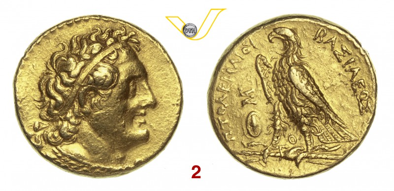 EGITTO TOLOMEO II (305-283 a.C.) Pentadramma in oro. D/ Busto diademato a d. R/ ...