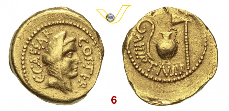 GIULIO CESARE (46 a.C.) Aureo. D/ Testa velata (Vesta ?) R/ Strumenti pontifical...