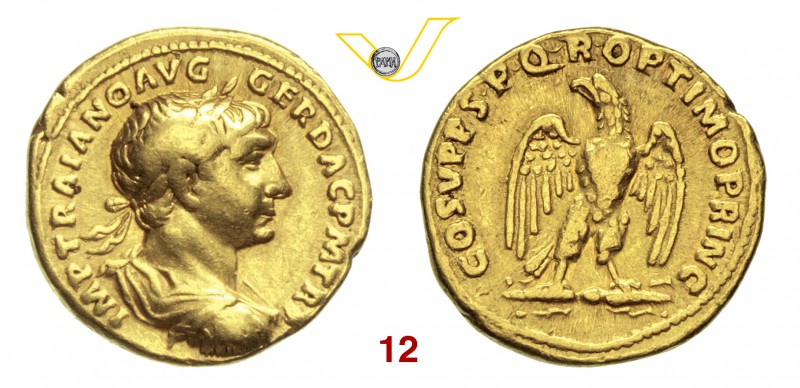 TRAIANO (98-117) Aureo. D/ Busto laureato, drappeggiato e corazzato R/ Aquila ad...