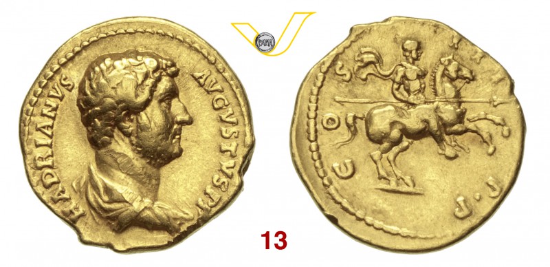 ADRIANO (117-138) Aureo. D/ Busto drappeggiato e corazzato R/ L'Imperatore a cav...