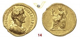 ANTONINO PIO (138-161) Aureo. D/ Busto laureato, drappeggiato e corazzato R/ Anepigrafo; Roma seduta con vittoriola, lancia e scudo. RIC 159 Calicò 14...