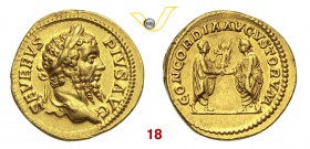 SETTIMIO SEVERO (193-211) Aureo. D/ Testa laureata R/ Caracalla e Geta, laureati e togati, reggono una vittoriola. RIC 255 Calicò 2435a Au g 7,34 Molt...