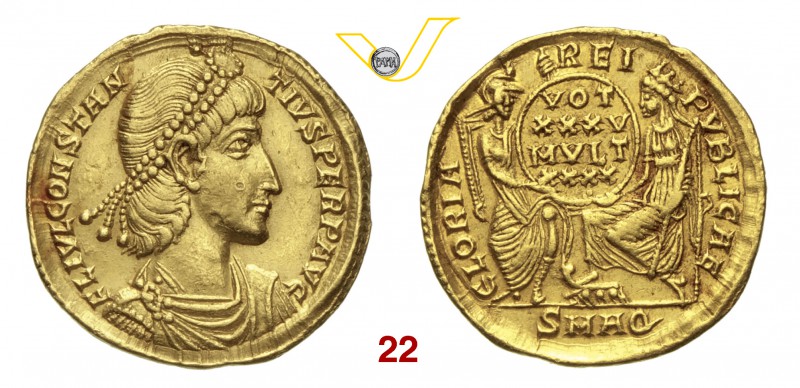 COSTANZO II (337-361) Solido, Aquileia. D/ Busto diademato, drappeggiato e coraz...