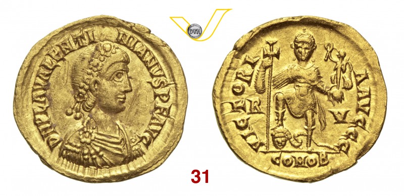 VALENTINIANO III (425-455) Solido, Ravenna. D/ Busto diademato, drappeggiato e c...