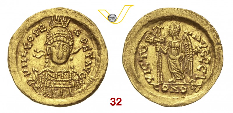 LEONE I (457-474) Solido, Costantinopoli. D/ Busto frontale elmato con lancia e ...