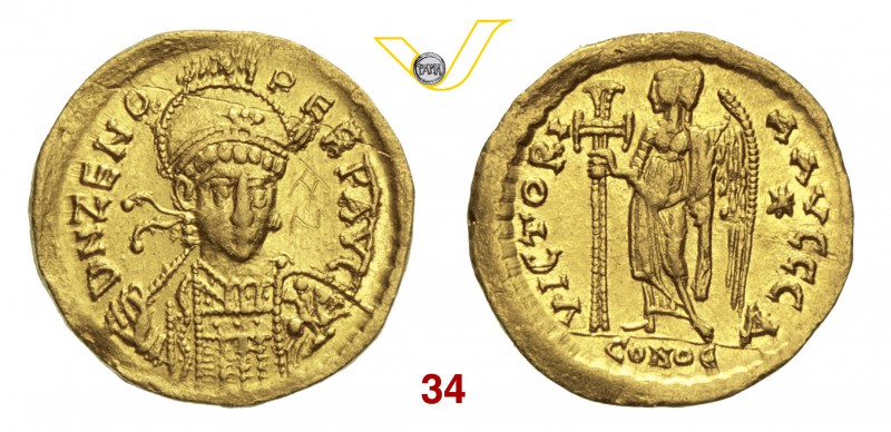 ZENO (474-491) Solido, Costantinopoli. D/ Busto frontale elmato con lancia e scu...