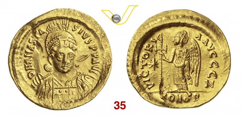 ANASTASIO (492-526) Solido, Costantinopoli. D/ Busto frontale elmato con lancia ...