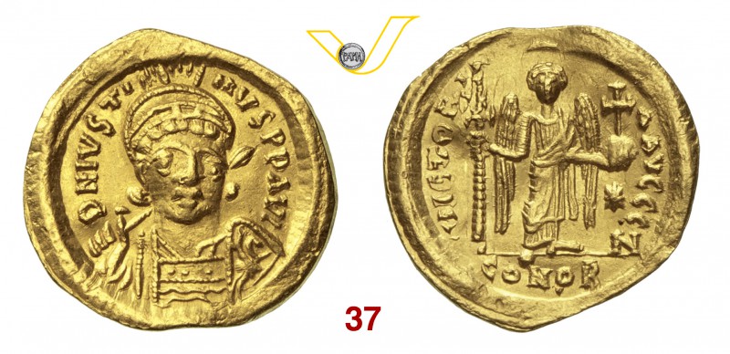 GIUSTINO I (518-527) Solido, Costantinopoli. D/ Busto frontale elmato con lancia...