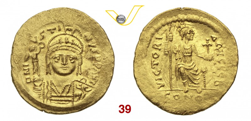 GIUSTINO II (565-578) Solido, Costantinopoli. D/ Busto frontale elmato con vitto...
