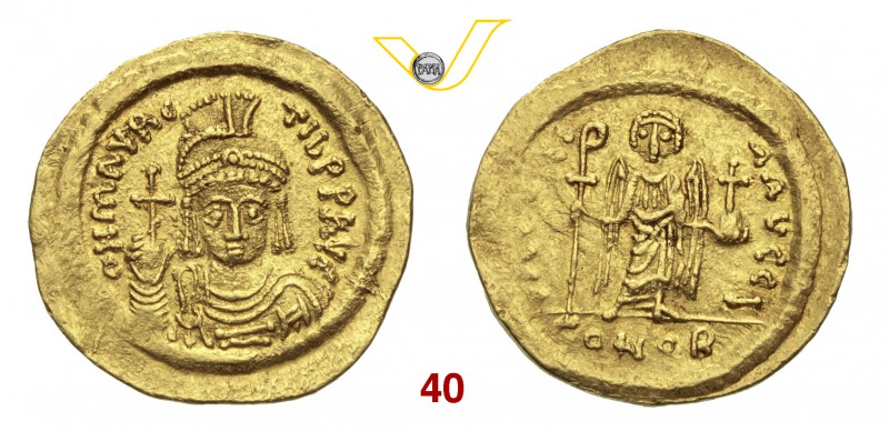 MAURIZIO TIBERIO (582-602) Solido, Costantinopoli. D/ Busto frontale elmato, con...
