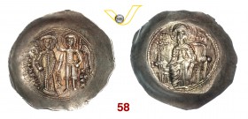 ISACCO II (1185-1195) Aspron Trachy, Costantinopoli. D/ Isacco stante con lunga croce viene incoronato dall'arcangelo Michele R/ La B. Vergine in tron...