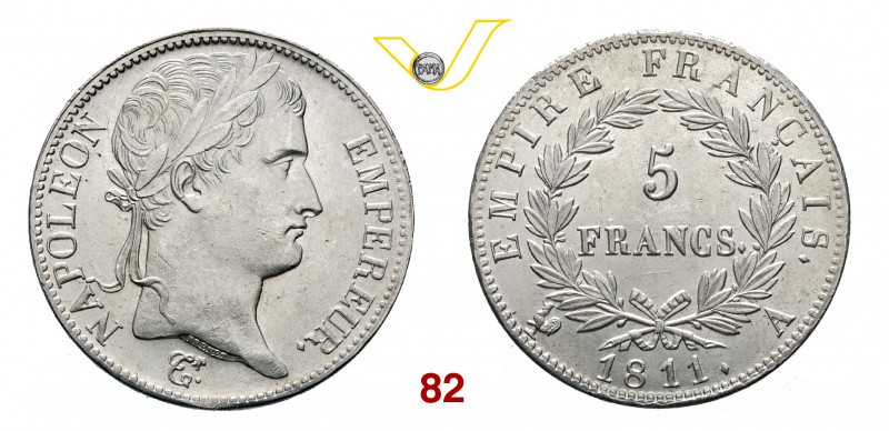 FRANCIA NAPOLEONE I (1805-1814) 5 Franchi 1811 A (Parigi) Ag g 25,02 • Di eccell...
