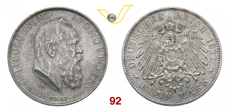 GERMANIA - Bayern LEOPOLDO, Principe Reggente 5 Marchi 1911 D. Kr. 999 Ag g 27,7...