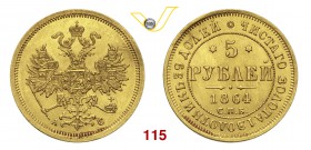 RUSSIA ALESSANDRO I (1855-1881) 5 Rubli 1864. Fb. 163 Au g 6,54 SPL÷FDC