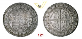 SPAGNA FILIPPO IV (1621-1665) 50 Reales o Cinquentin, 1635 Segovia (acquedotto), sigla R (Rafael Savan) D/ Stemma coronato R/ Stemma inquartato Castig...