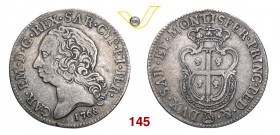CARLO EMANUELE III - monetazione per la Sardegna (1730-1773) Mezzo Scudo sardo 1768. Biaggi 823 MIR 958a Ag g 11,60 Rara MB/BB