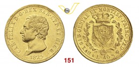 CARLO FELICE (1821-1831) 40 Lire 1825 Torino. MIR 1033c Pag. 42 Au g 12,87 Rara • Due colpetti al bordo SPL/q.FDC
