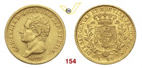 CARLO FELICE (1821-1831) 20 Lire 1829 Genova. MIR 1034n Pag. 57 Varesi 22 Au g 6,41 Molto rara q.SPL
