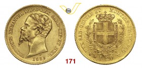 VITTORIO EMANUELE II, Re di Sardegna (1849-1861) 20 Lire 1859 Genova. MIR 1055t Pag. 354 Au g 6,45 . Ex Coll. Augustus SPL