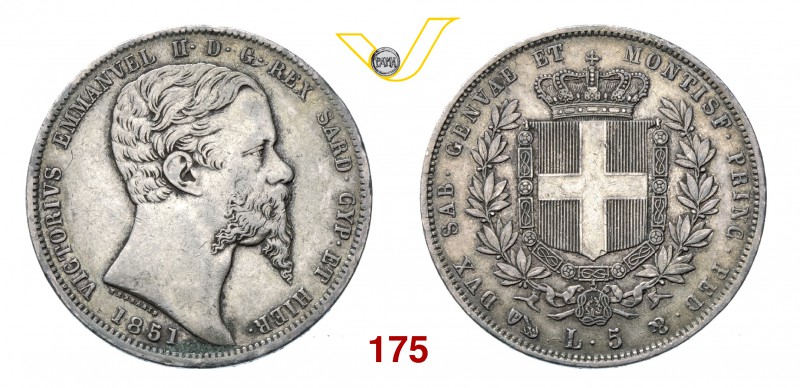 VITTORIO EMANUELE II, Re di Sardegna (1849-1861) 5 Lire 1851 Genova. MIR 1057c P...