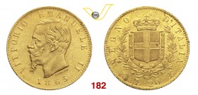 VITTORIO EMANUELE II (1861-1878) 20 Lire 1865 Torino. MIR 1078f Pag. 459 Au g 6,44 SPL÷FDC
