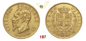 VITTORIO EMANUELE II (1861-1878) 20 Lire 1870 Torino. MIR 1078l Pag. 465 Au g 6,45 Molto rara • Ex Coll. Augustus BB/q.SPL